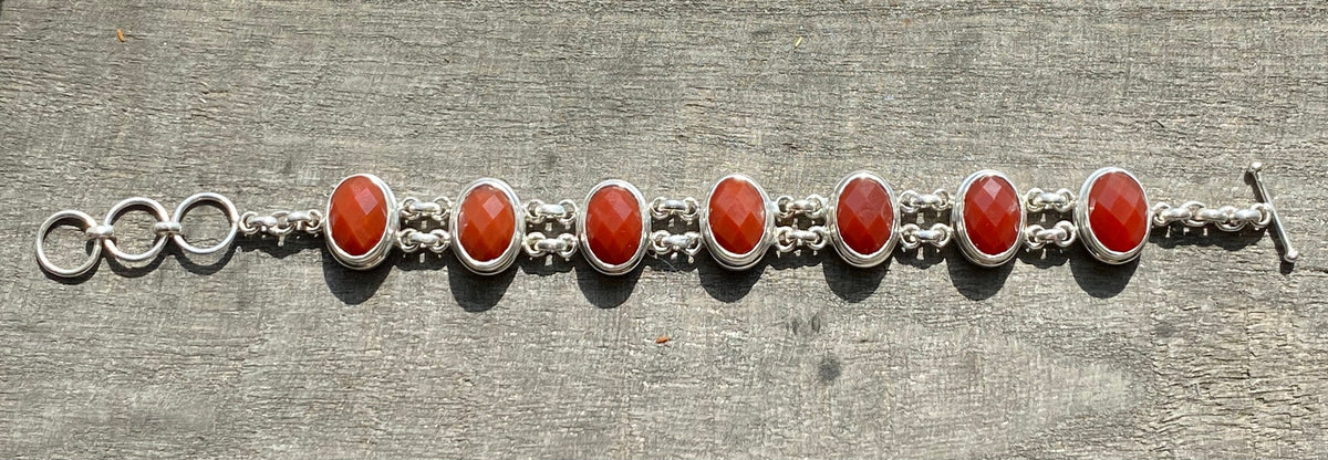 Gorgeous Carnelian Oval Faceted Double Chain 925 Silver Bracelet - Crystal Healing Meditation