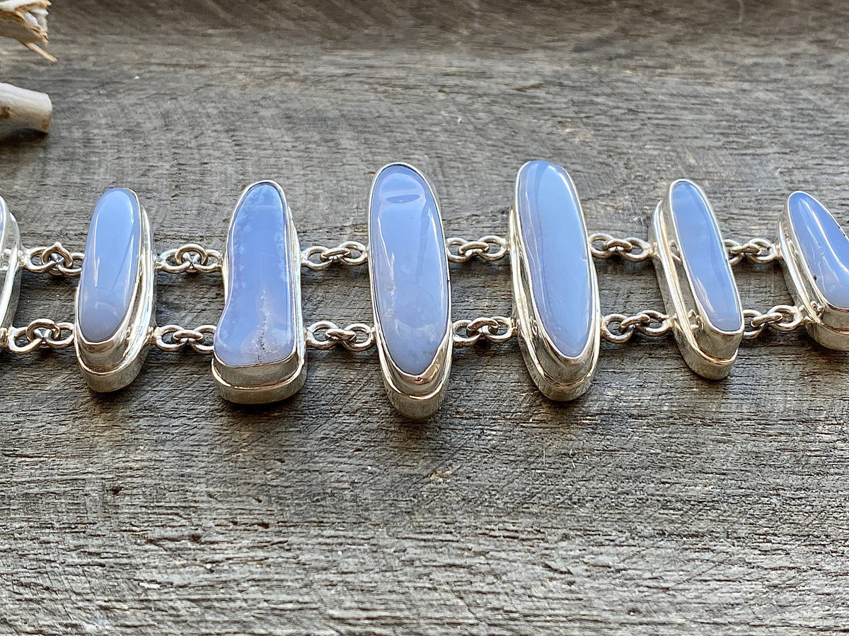 Blue Lace Agate 7 Stone 925 Silver Handmade Bracelet - Crystal Healing Meditation