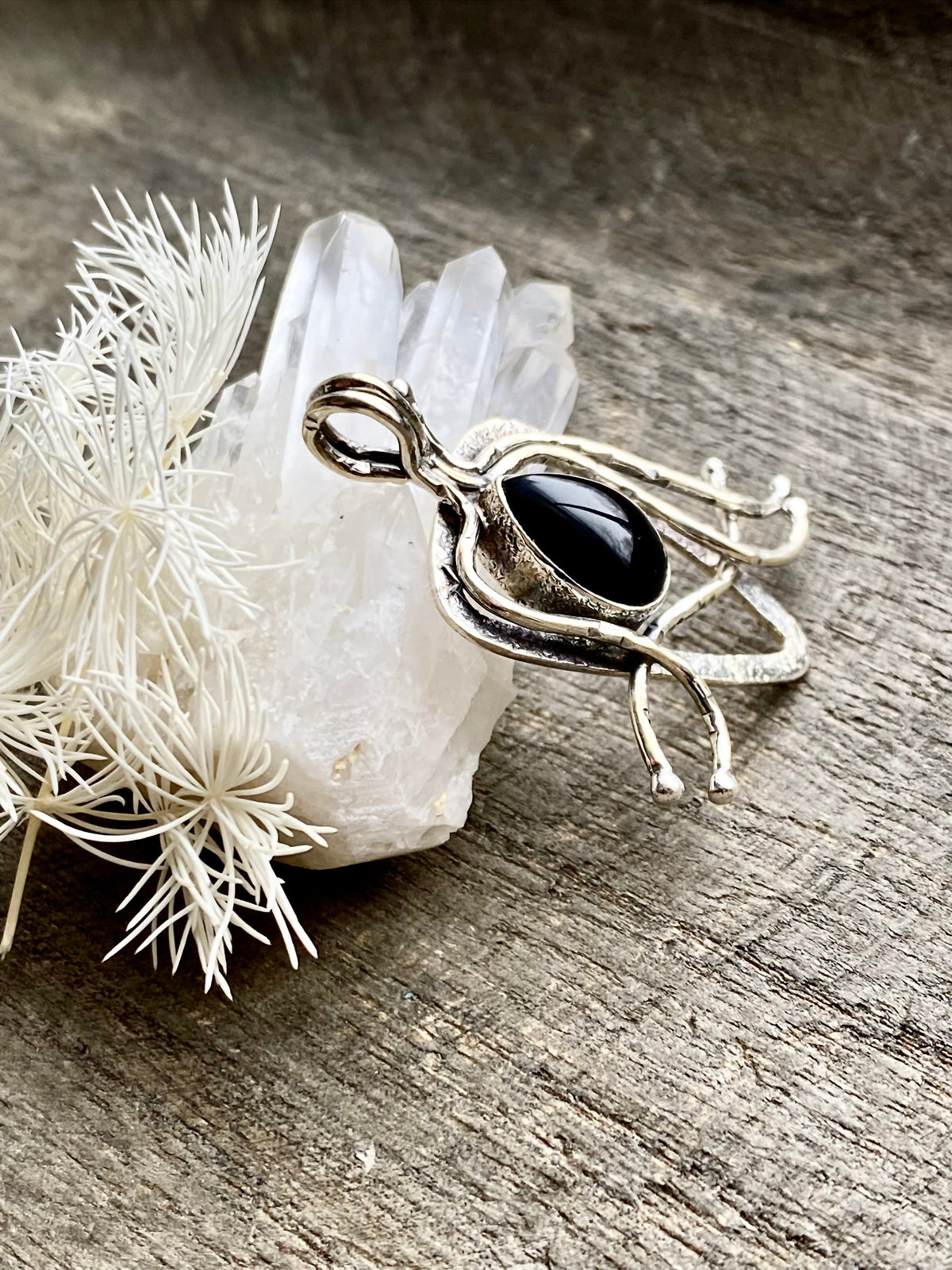 Black Onyx 925 Silver Handmade Pendant - Crystal Healing Meditation