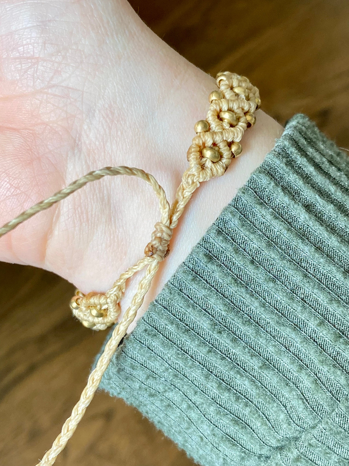 Genuine Czech Moldavite and Brass Beige Macrame Adjustable Bracelet - Crystal Healing Meditation