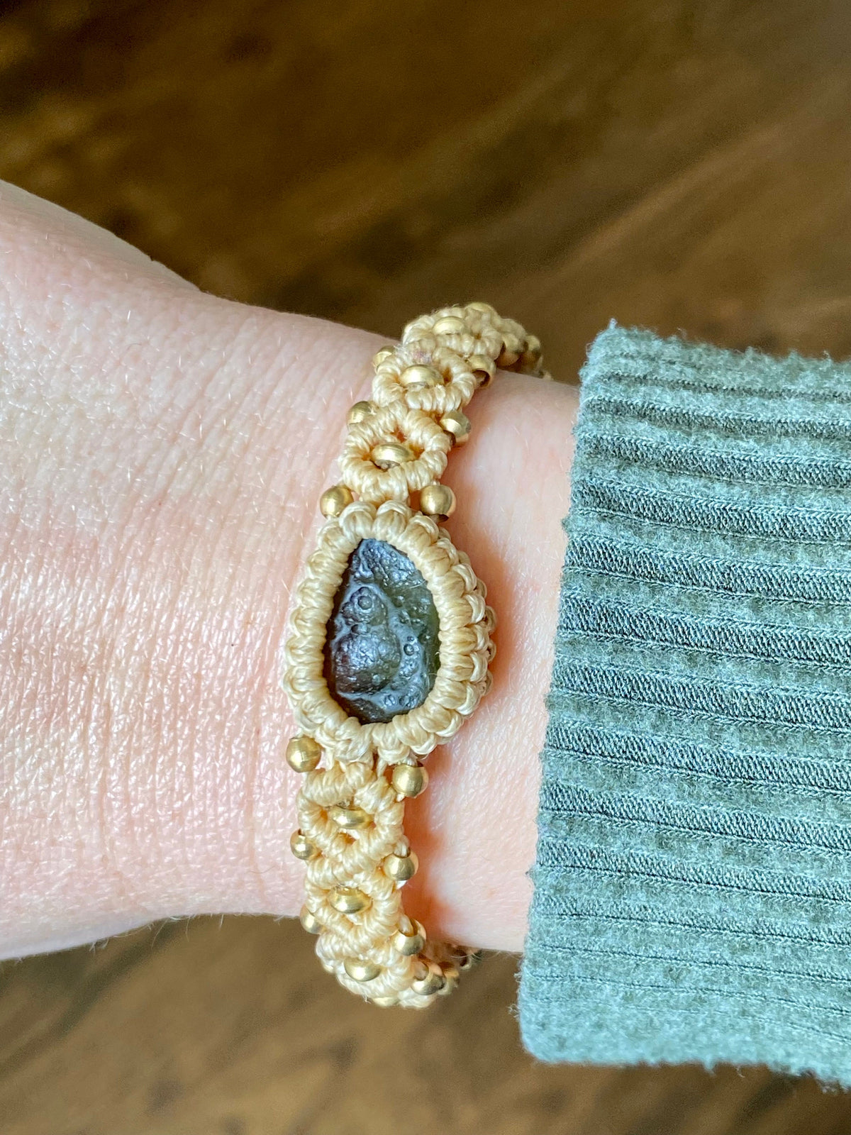 Genuine Czech Moldavite and Brass Beige Macrame Adjustable Bracelet - Crystal Healing Meditation