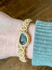 Genuine Czech Moldavite and Brass Beige Macrame Adjustable Bracelet - Crystal Healing Meditation