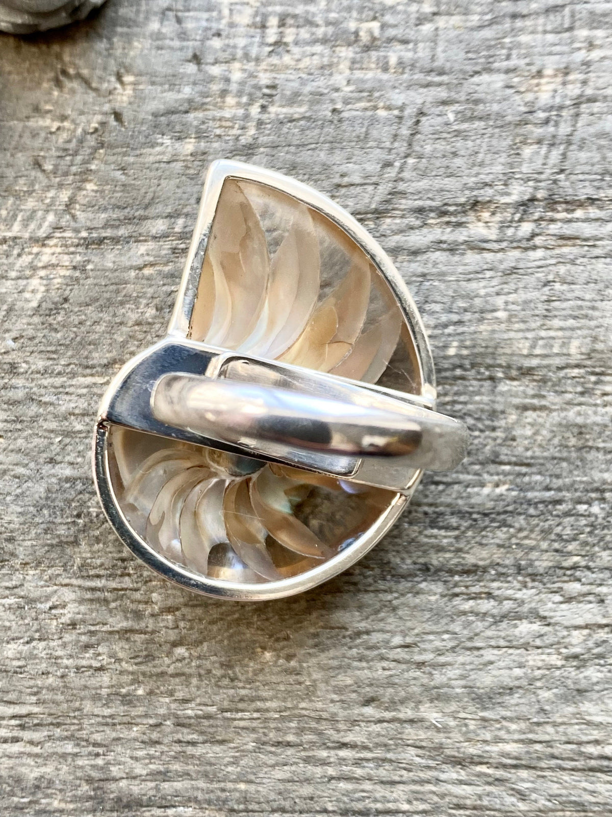 Mother of Pearl Nautilus Shell with Clear Resin 925 Silver Handmade Adjustable Ring - Crystal Healing Meditation