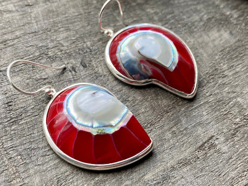 Nautilus Shell with Mother of Pearl and Red Resin 925 Silver Handmade Earrings - Crystal Healing Meditation