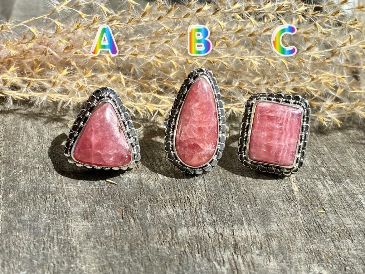 Rhodochrosite 925 Sterling Silver Handmade Rings - Crystal Healing Meditation