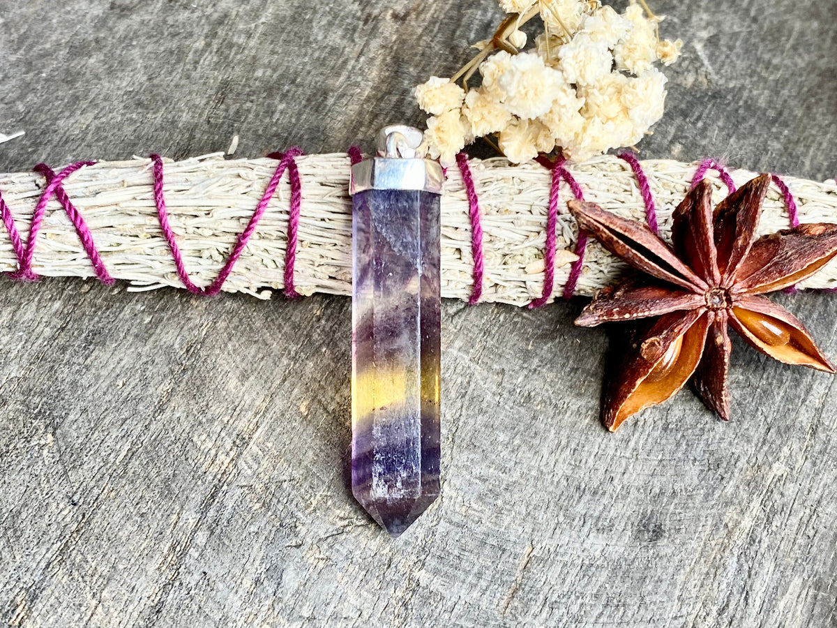 Rainbow Fluorite Point 925 Silver Handmade Pendant - Crystal Healing Meditation