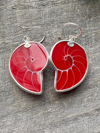 Nautilus Shell with Mother of Pearl and Red Resin 925 Silver Handmade Earrings - Crystal Healing Meditation