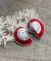 Nautilus Shell with Mother of Pearl and Red Resin 925 Silver Handmade Earrings - Crystal Healing Meditation