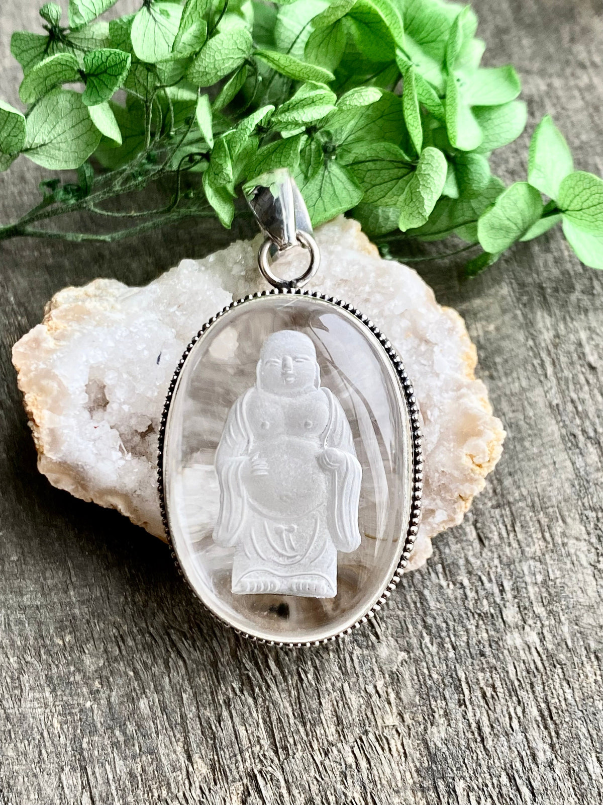 Etched Buddha in Crystal 925 Silver Handmade Pendant - Healing Meditation