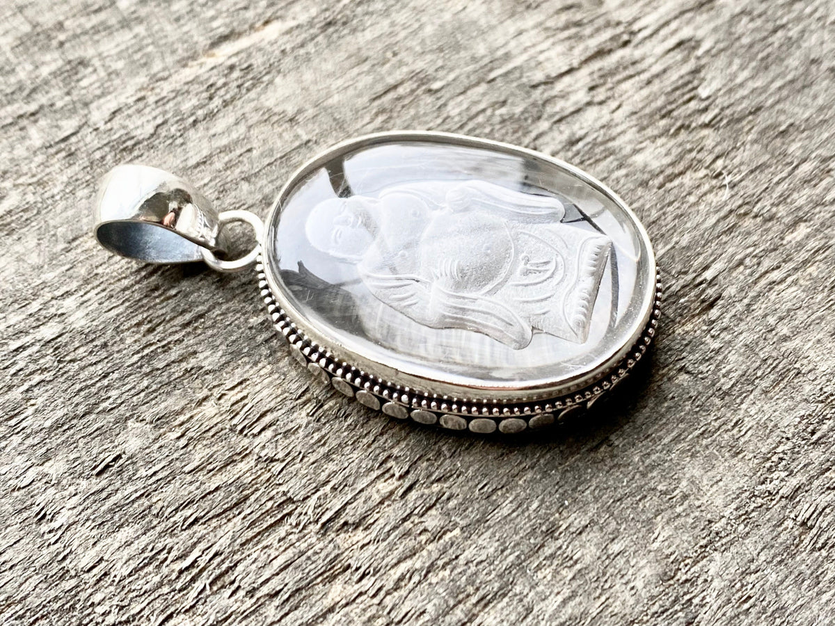 Etched Buddha in Crystal 925 Silver Handmade Pendant - Healing Meditation