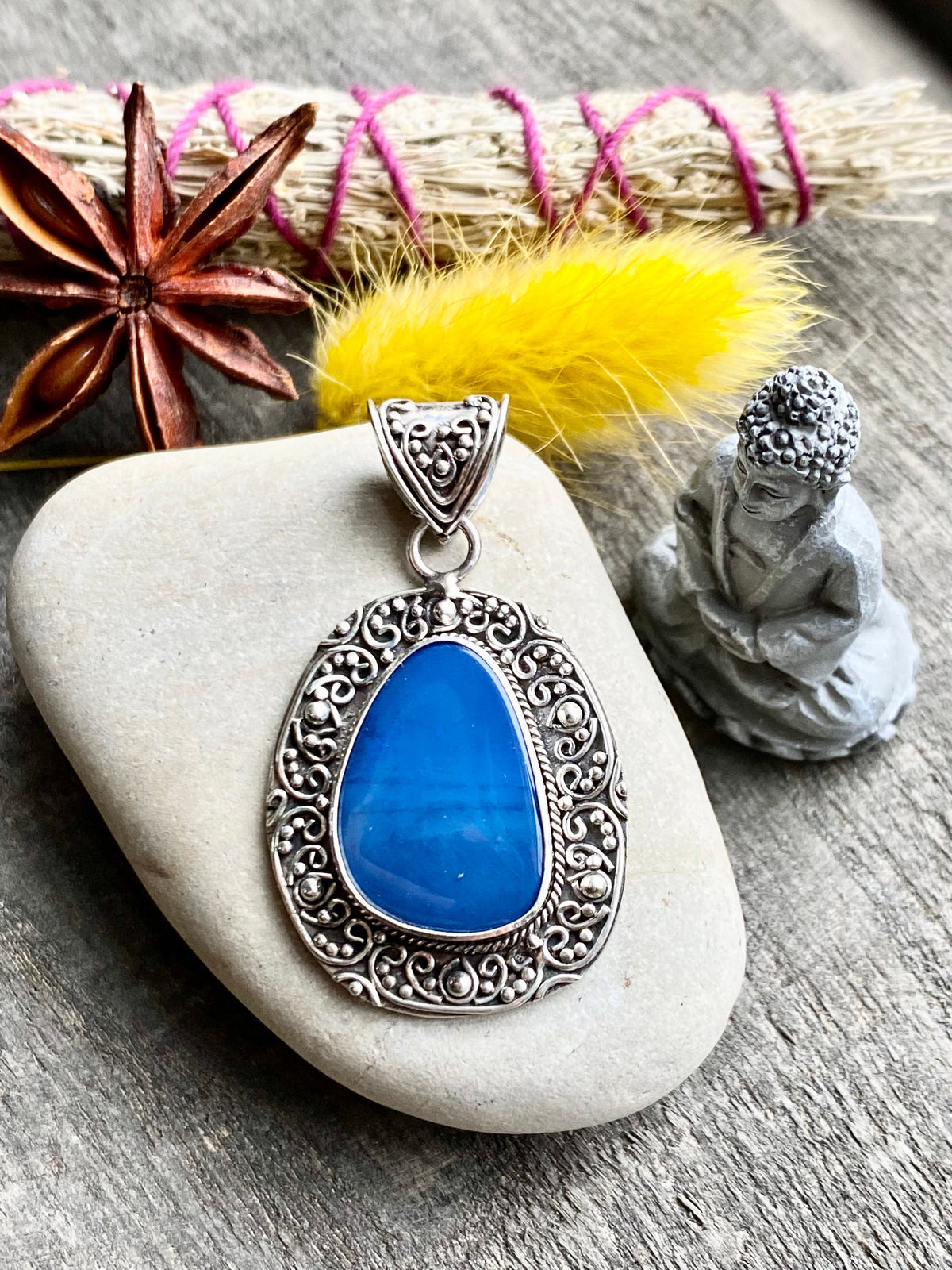 Blue Opal Birthstone of October 925 Silver Handmade Pendant - Crystal Healing Meditation
