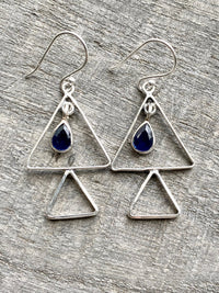 Sapphire Triangle 925 Silver Handmade Earrings - Crystal Healing Meditation