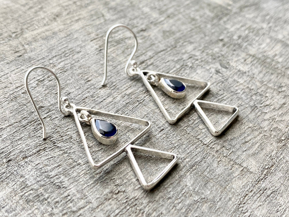 Sapphire Triangle 925 Silver Handmade Earrings - Crystal Healing Meditation