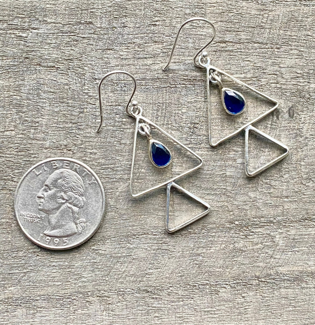 Sapphire Triangle 925 Silver Handmade Earrings - Crystal Healing Meditation