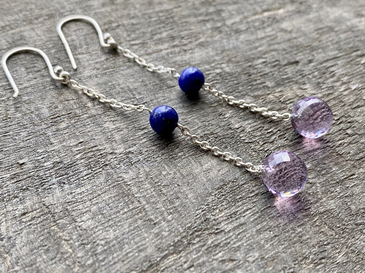 Lapis Lazuli and Amethyst Briolette 925 Silver Handmade Earrings - Crystal Healing Meditation