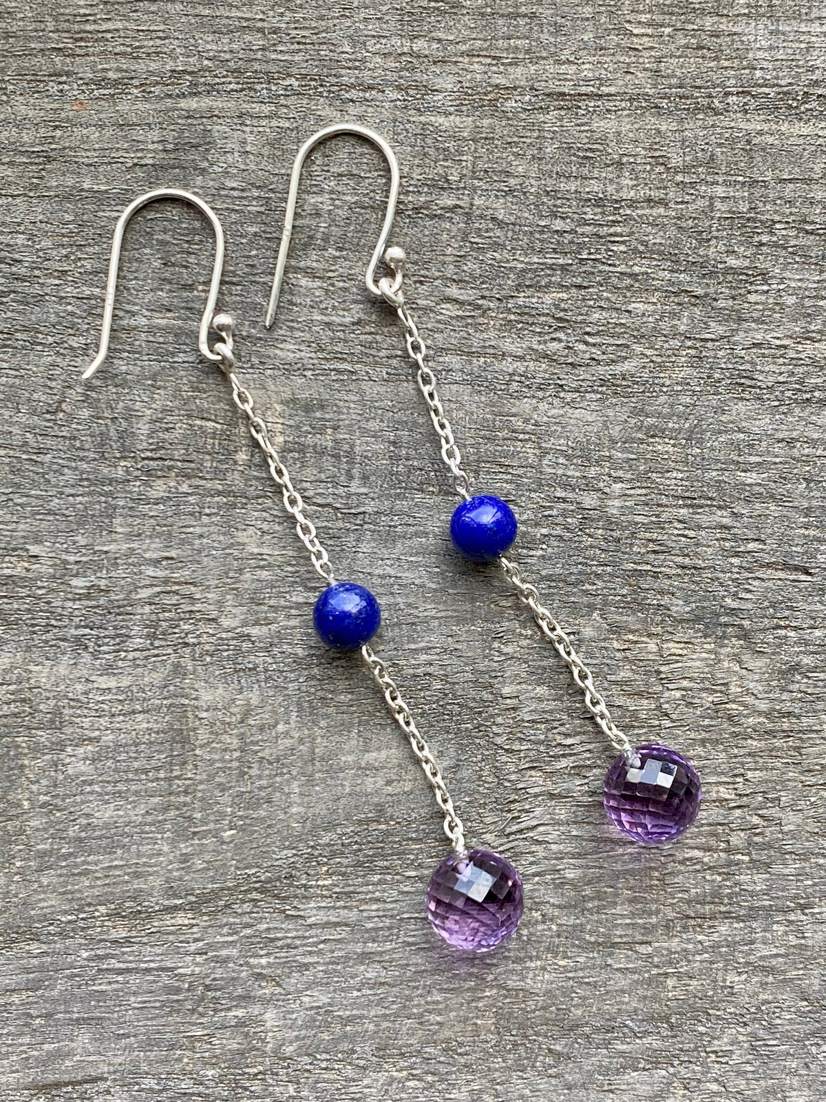 Lapis Lazuli and Amethyst Briolette 925 Silver Handmade Earrings - Crystal Healing Meditation