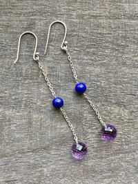 Lapis Lazuli and Amethyst Briolette 925 Silver Handmade Earrings - Crystal Healing Meditation
