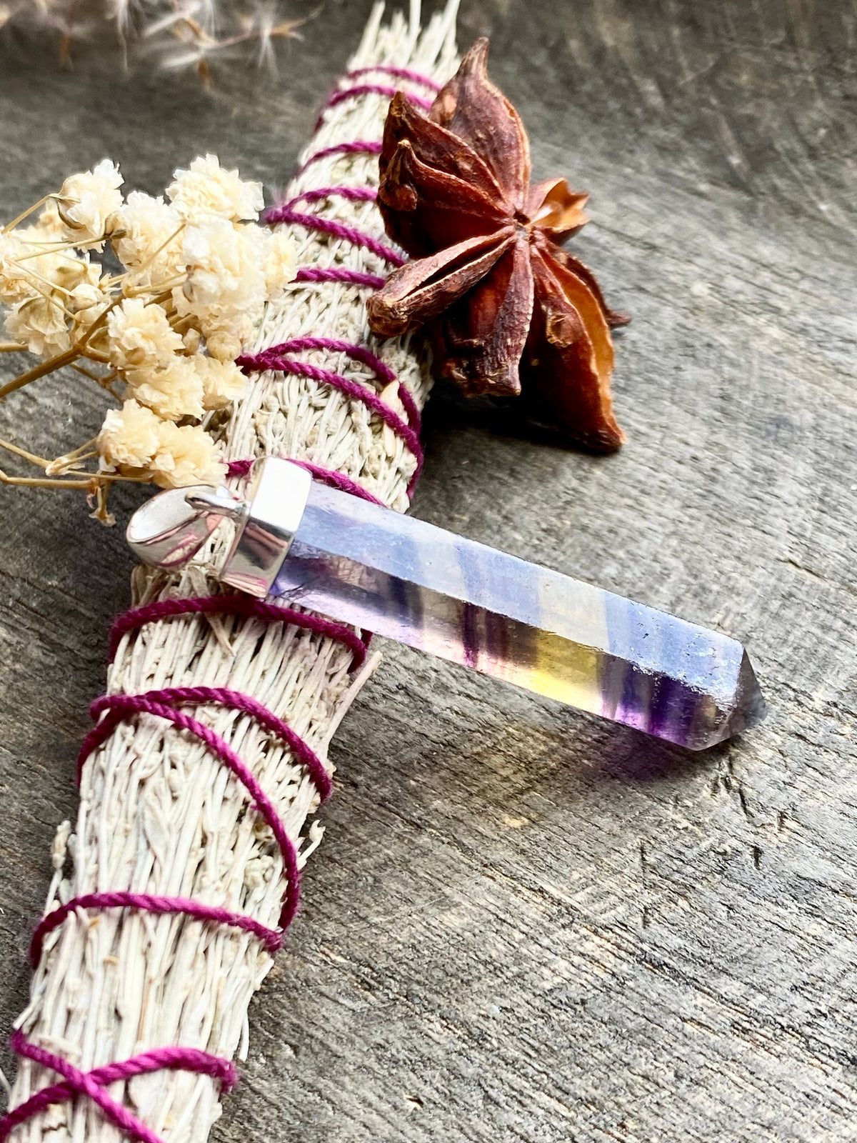 Rainbow Fluorite Point 925 Silver Handmade Pendant - Crystal Healing Meditation