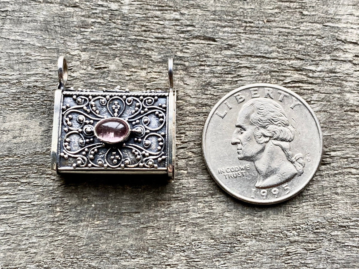 Rose Quartz Affirmation Prayer Box Locket 925 Silver Handmade Pendant - Crystal Healing Meditation