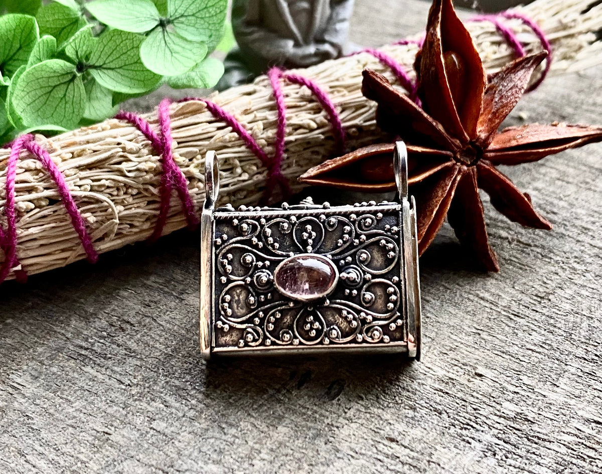 Rose Quartz Affirmation Prayer Box Locket 925 Silver Handmade Pendant - Crystal Healing Meditation