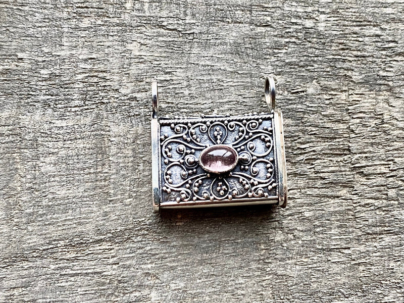 Rose Quartz Affirmation Prayer Box Locket 925 Silver Handmade Pendant - Crystal Healing Meditation
