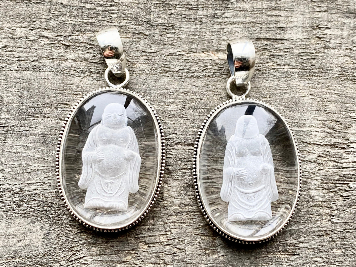 Etched Buddha in Crystal 925 Silver Handmade Pendant - Healing Meditation