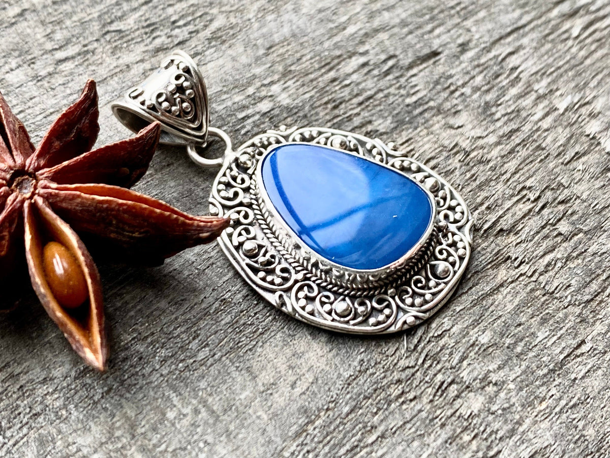 Blue Opal Birthstone of October 925 Silver Handmade Pendant - Crystal Healing Meditation