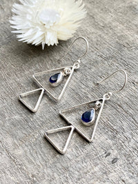 Sapphire Triangle 925 Silver Handmade Earrings - Crystal Healing Meditation