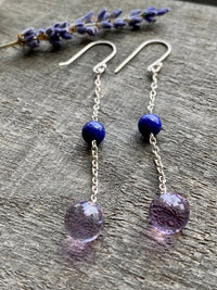 Lapis Lazuli and Amethyst Briolette 925 Silver Handmade Earrings - Crystal Healing Meditation