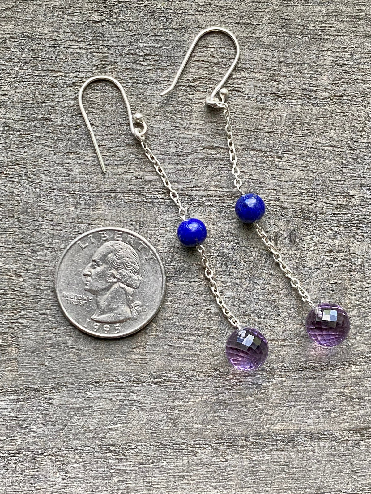 Lapis Lazuli and Amethyst Briolette 925 Silver Handmade Earrings - Crystal Healing Meditation