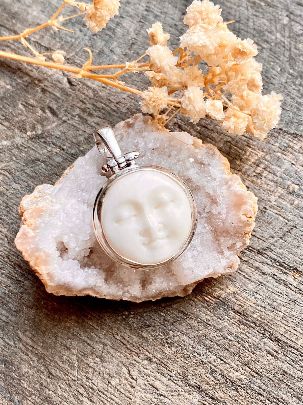 Hand Carved Goddess Moon Face (Tiny) 925 Silver Handmade Pendant - Crystal Healing Pendant