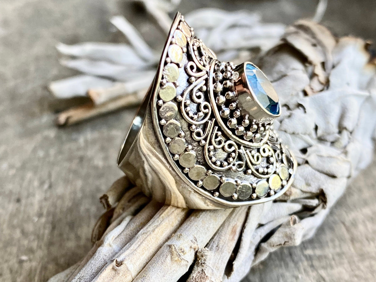Stunning Faceted Blue Topaz Filigree 925 Silver Handmade Ring - Crystal Healing Meditation