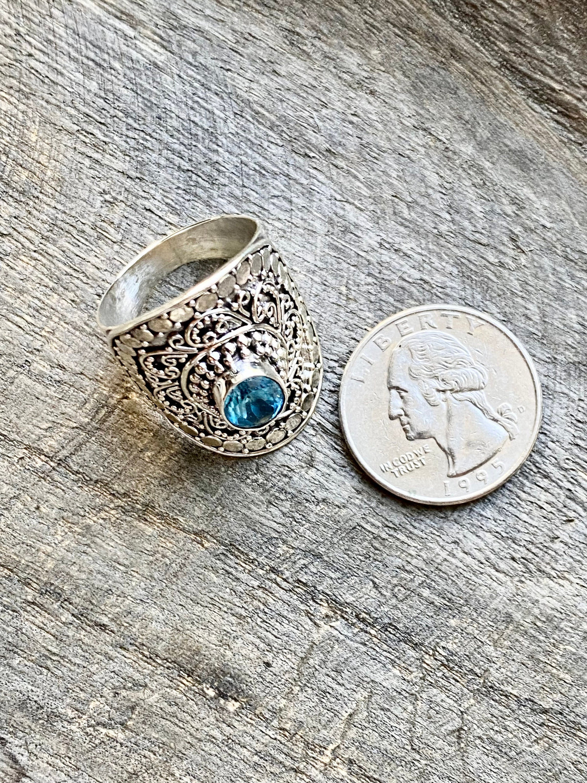Stunning Faceted Blue Topaz Filigree 925 Silver Handmade Ring - Crystal Healing Meditation