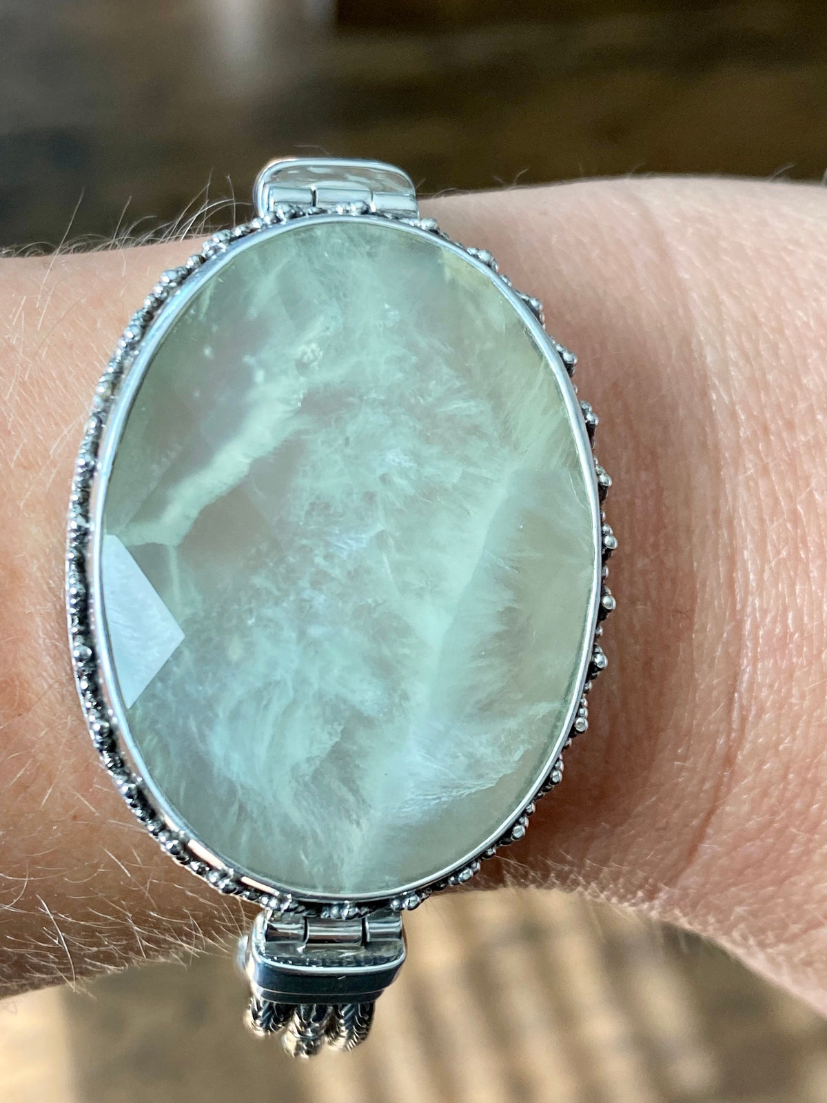 Gorgeous Prehnite Faceted 925 Silver Handmade Hinged Adjustable Bracelet - Crystal Healing Meditation