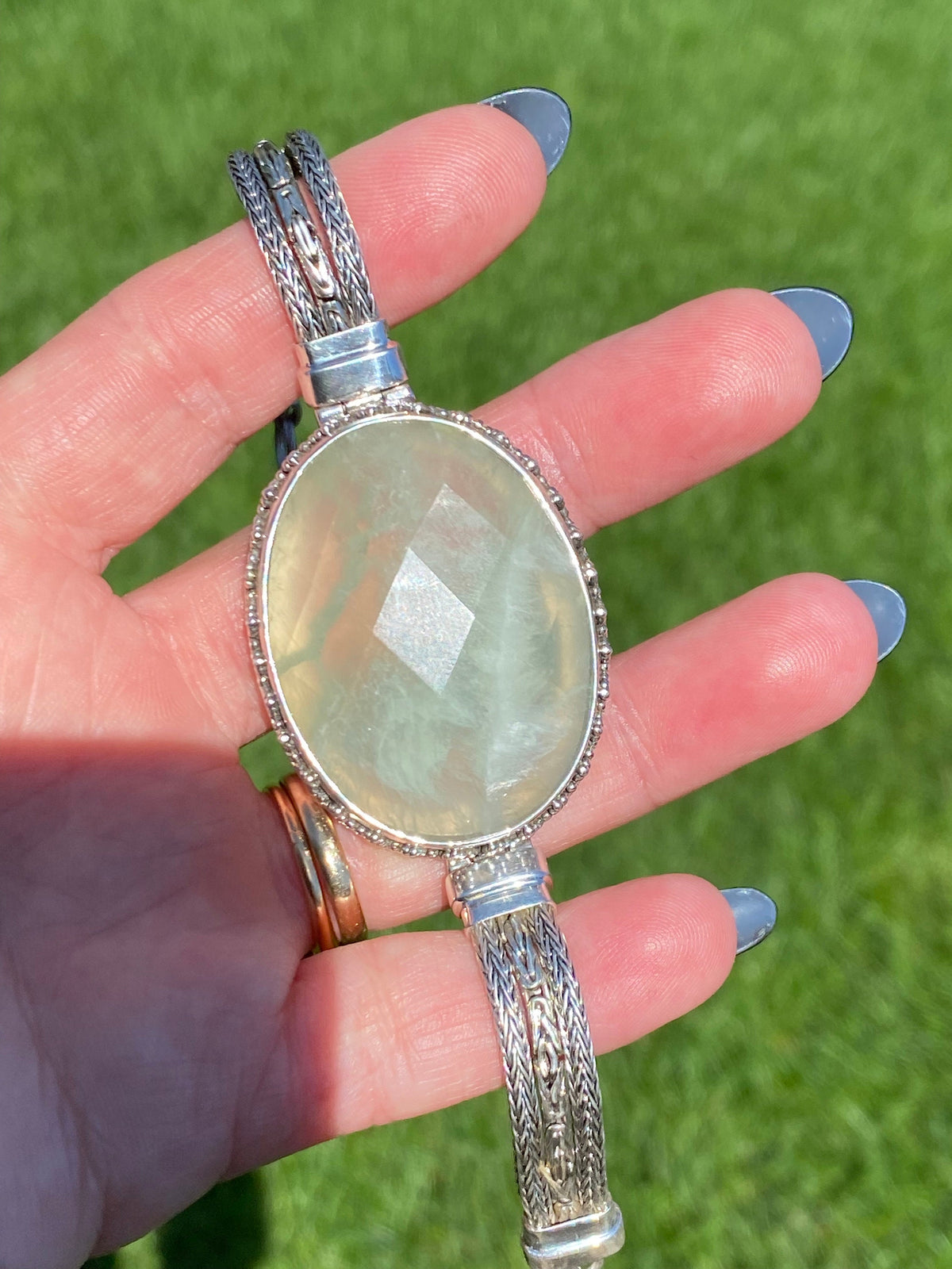 Gorgeous Prehnite Faceted 925 Silver Handmade Hinged Adjustable Bracelet - Crystal Healing Meditation