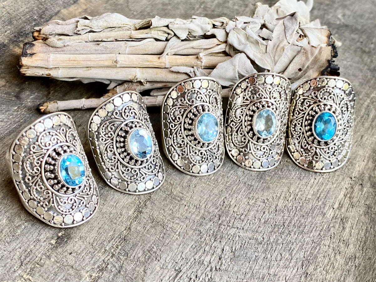 Stunning Faceted Blue Topaz Filigree 925 Silver Handmade Ring - Crystal Healing Meditation