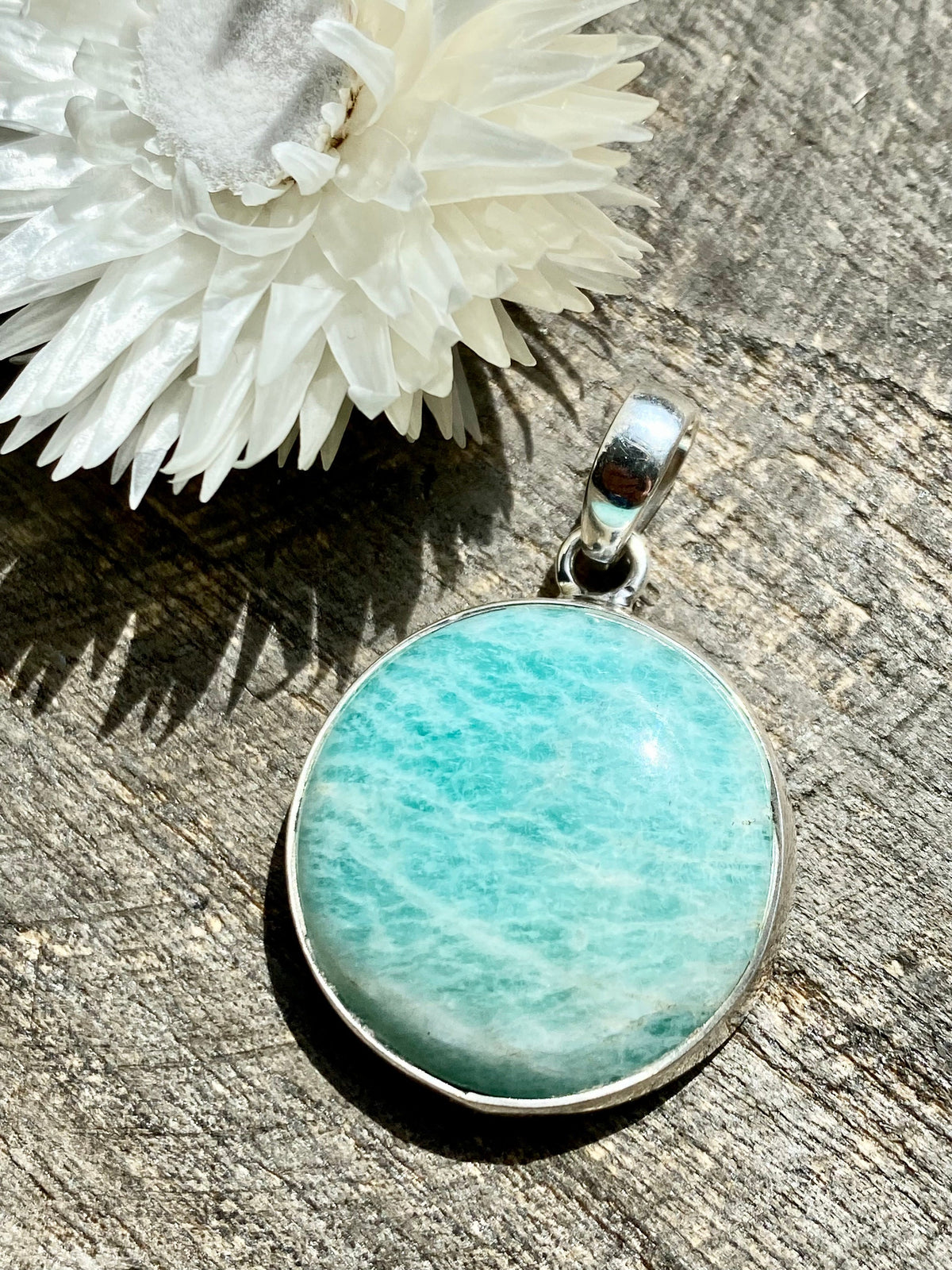 Amazonite Circle 925 Silver Handmade Pendant - Crystal Healing Meditation