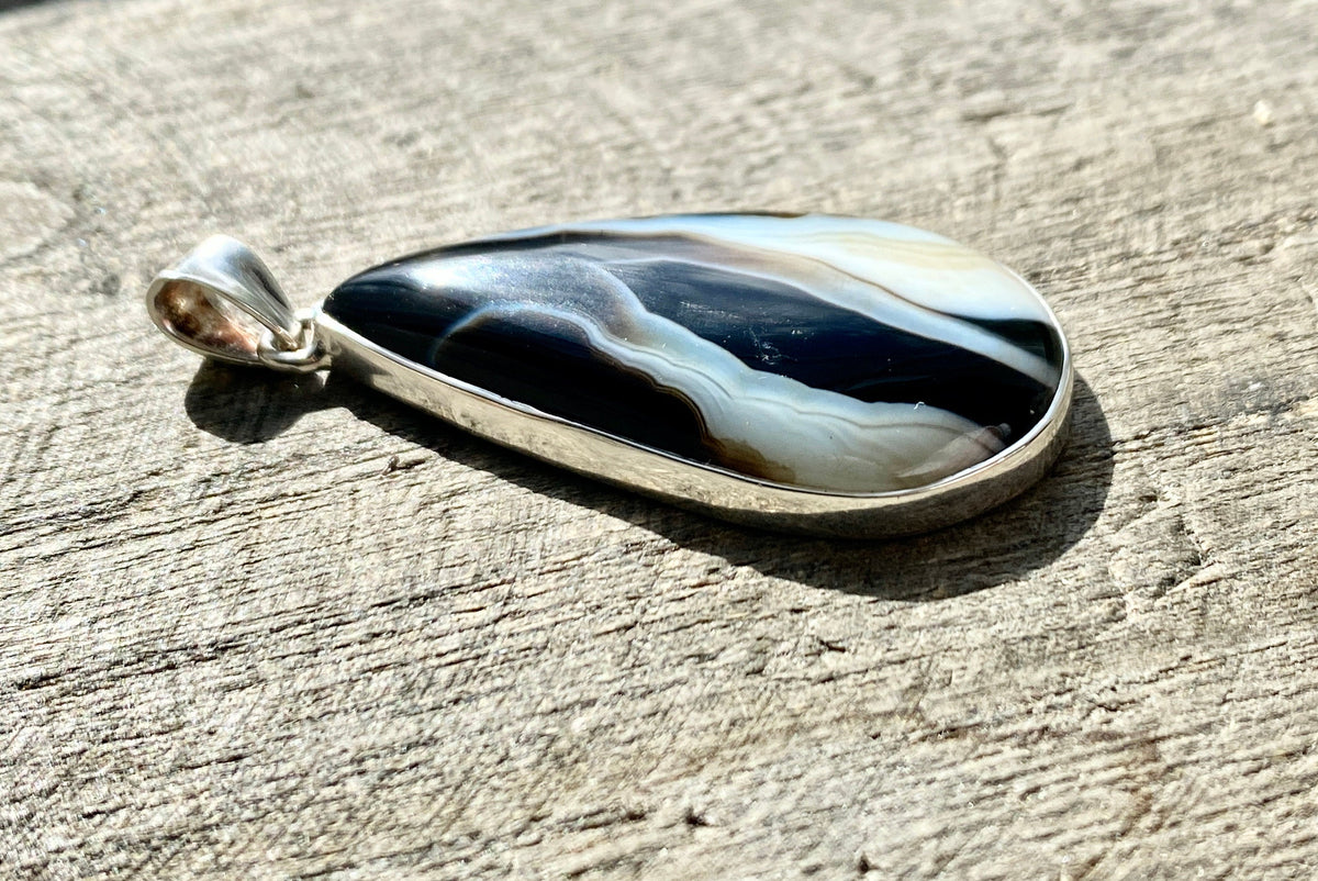 Black Botswana Agate 925 Silver Handmade Pendant - Crystal Healing Meditation