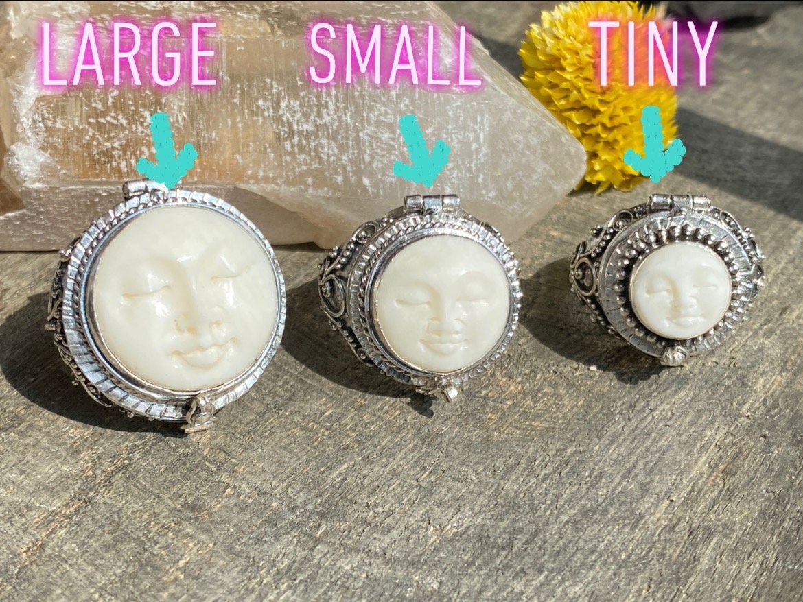 Hand Carved Goddess Moon Face 925 Silver Handmade Locket Poison Ring Large Small or Tiny - Crystal Healing Meditation