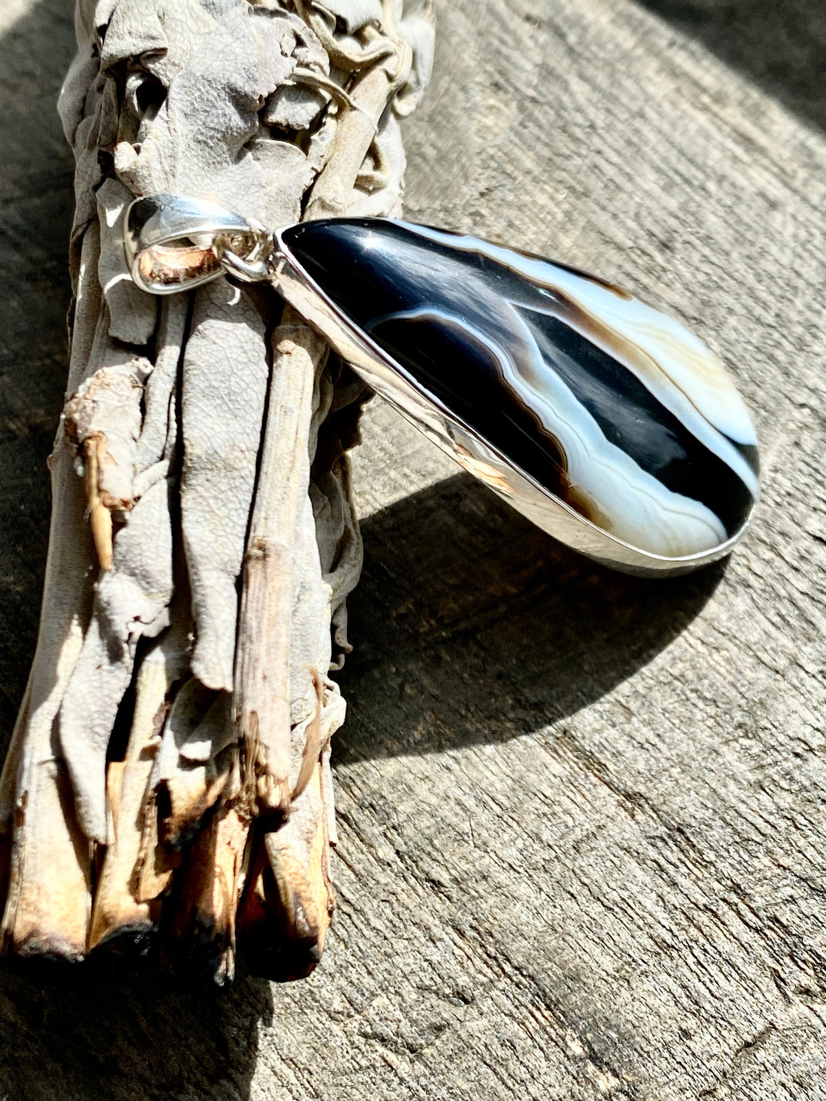 Black Botswana Agate 925 Silver Handmade Pendant - Crystal Healing Meditation