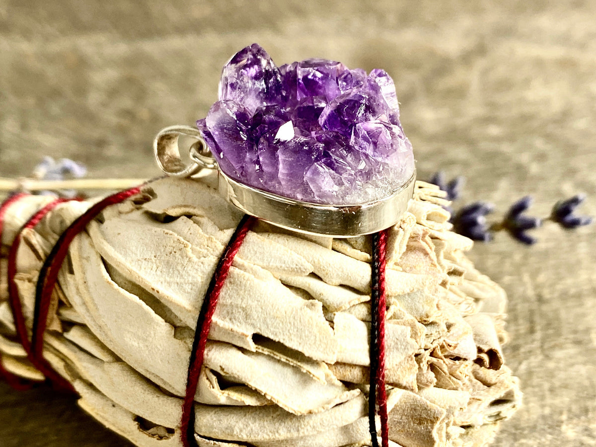 Amethyst Cluster Druzy 925 Silver Handmade Pendant - Crystal Healing Meditation