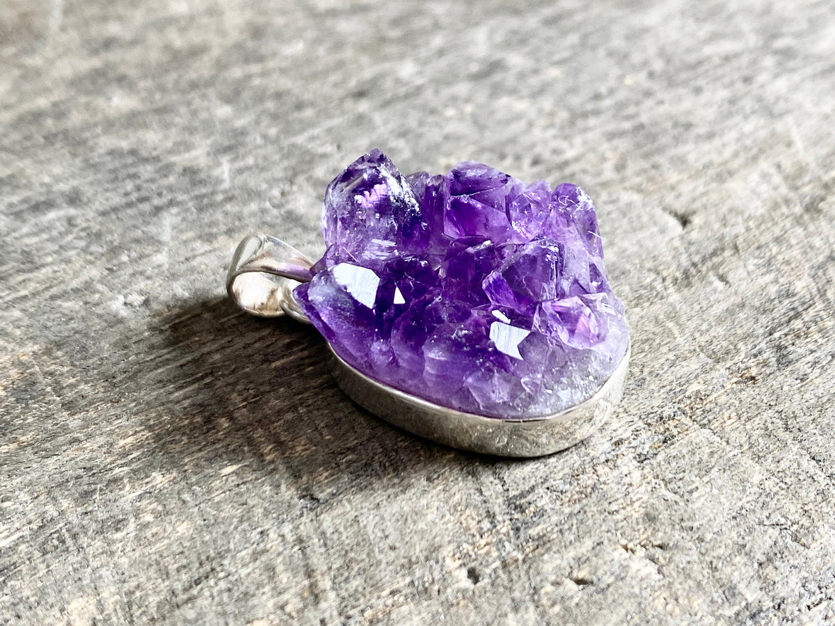 Amethyst Cluster Druzy 925 Silver Handmade Pendant - Crystal Healing Meditation