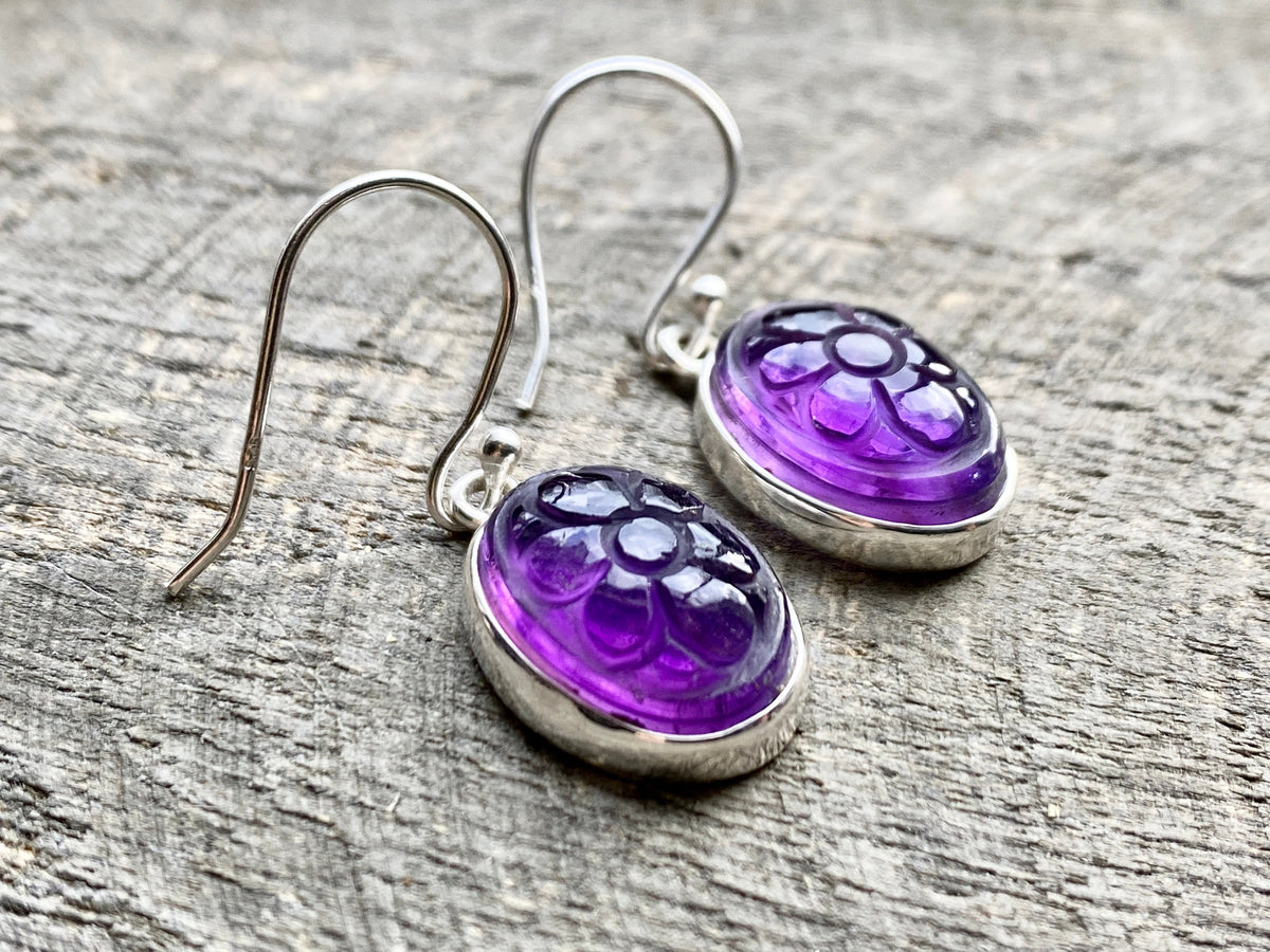 Carved Amethyst 925 Silver Handmade Earrings- Crystal Healing Meditation