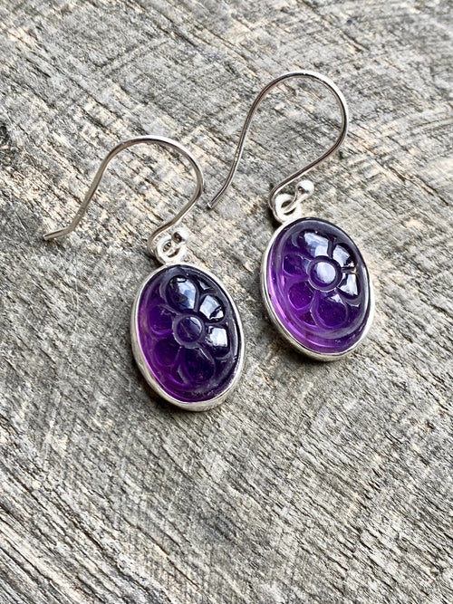 Carved Amethyst 925 Silver Handmade Earrings- Crystal Healing Meditation