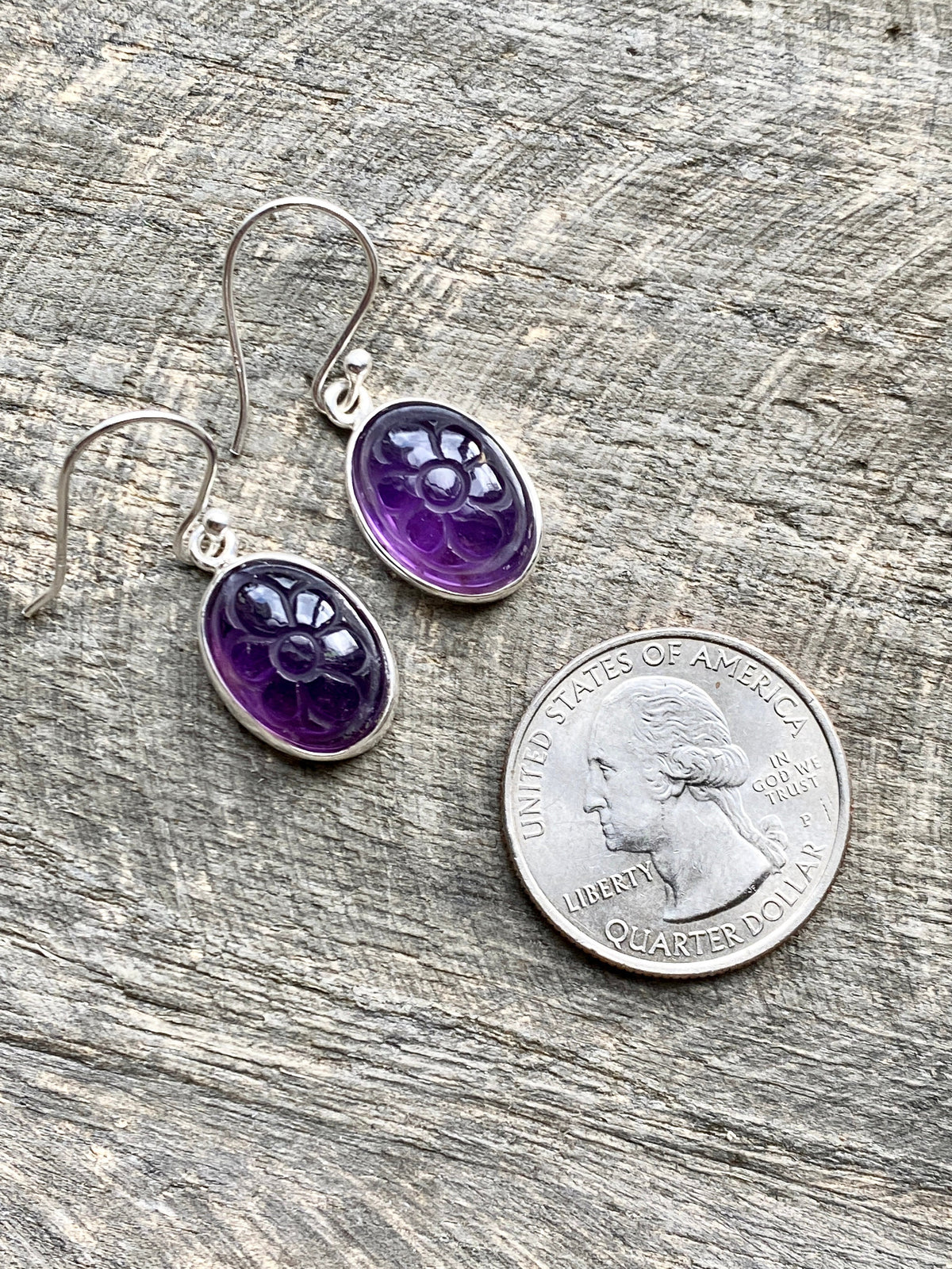 Carved Amethyst 925 Silver Handmade Earrings- Crystal Healing Meditation