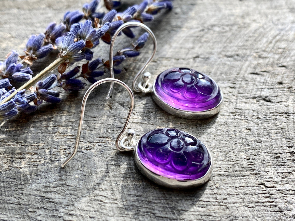 Carved Amethyst 925 Silver Handmade Earrings- Crystal Healing Meditation