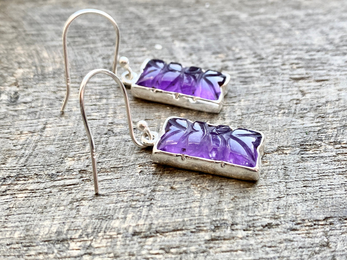 Carved Amethyst 925 Silver Handmade Earrings- Crystal Healing Meditation