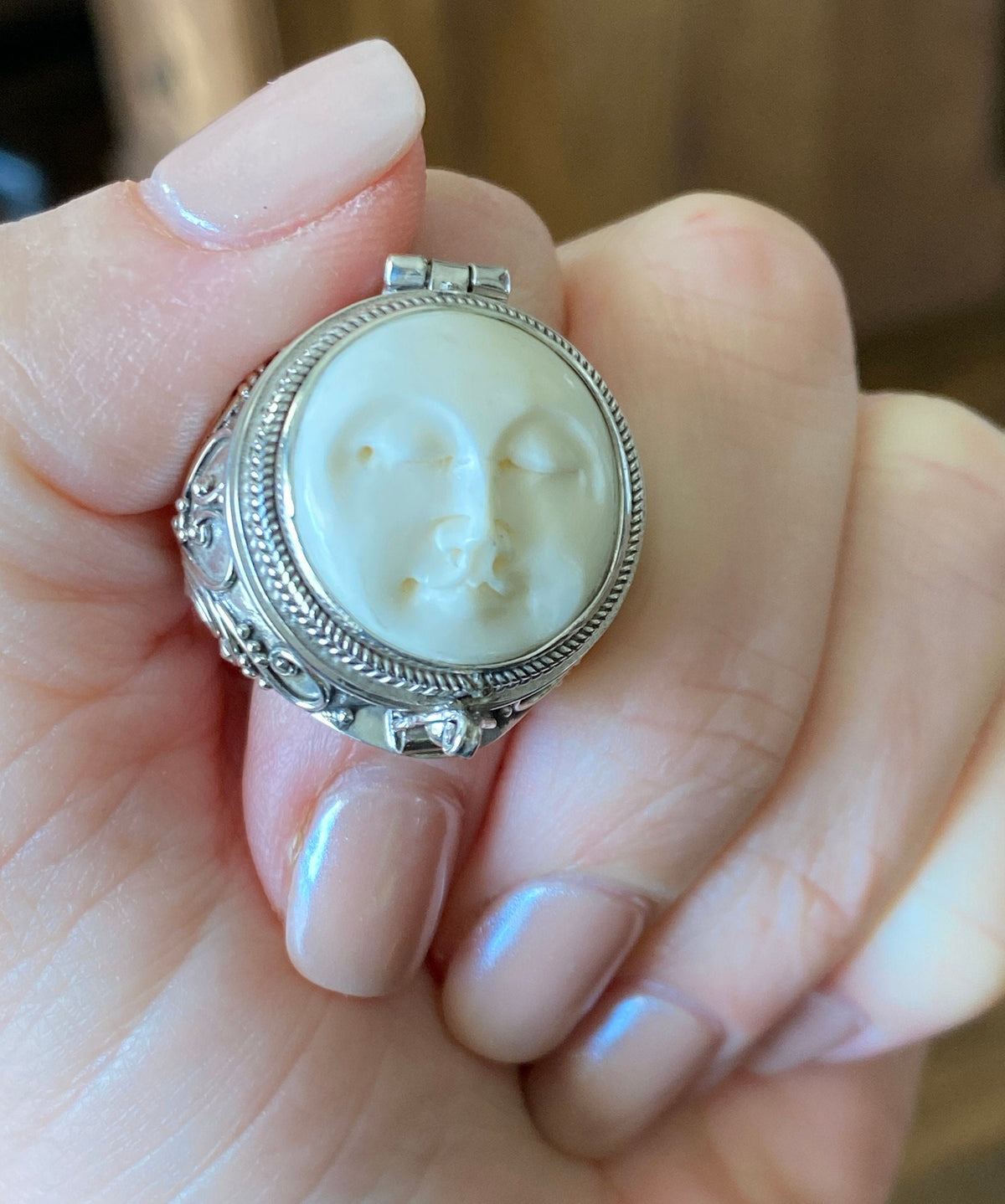 Hand Carved Goddess Moon Face 925 Silver Handmade Locket Poison Ring Large Small or Tiny - Crystal Healing Meditation