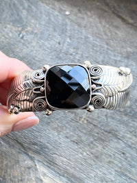 Faceted Black Onyx 925 Solid Silver Cuff Bangle - Crystal Healing Meditation