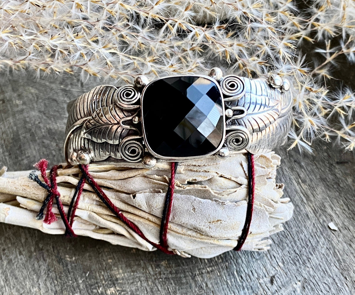 Faceted Black Onyx 925 Solid Silver Cuff Bangle - Crystal Healing Meditation